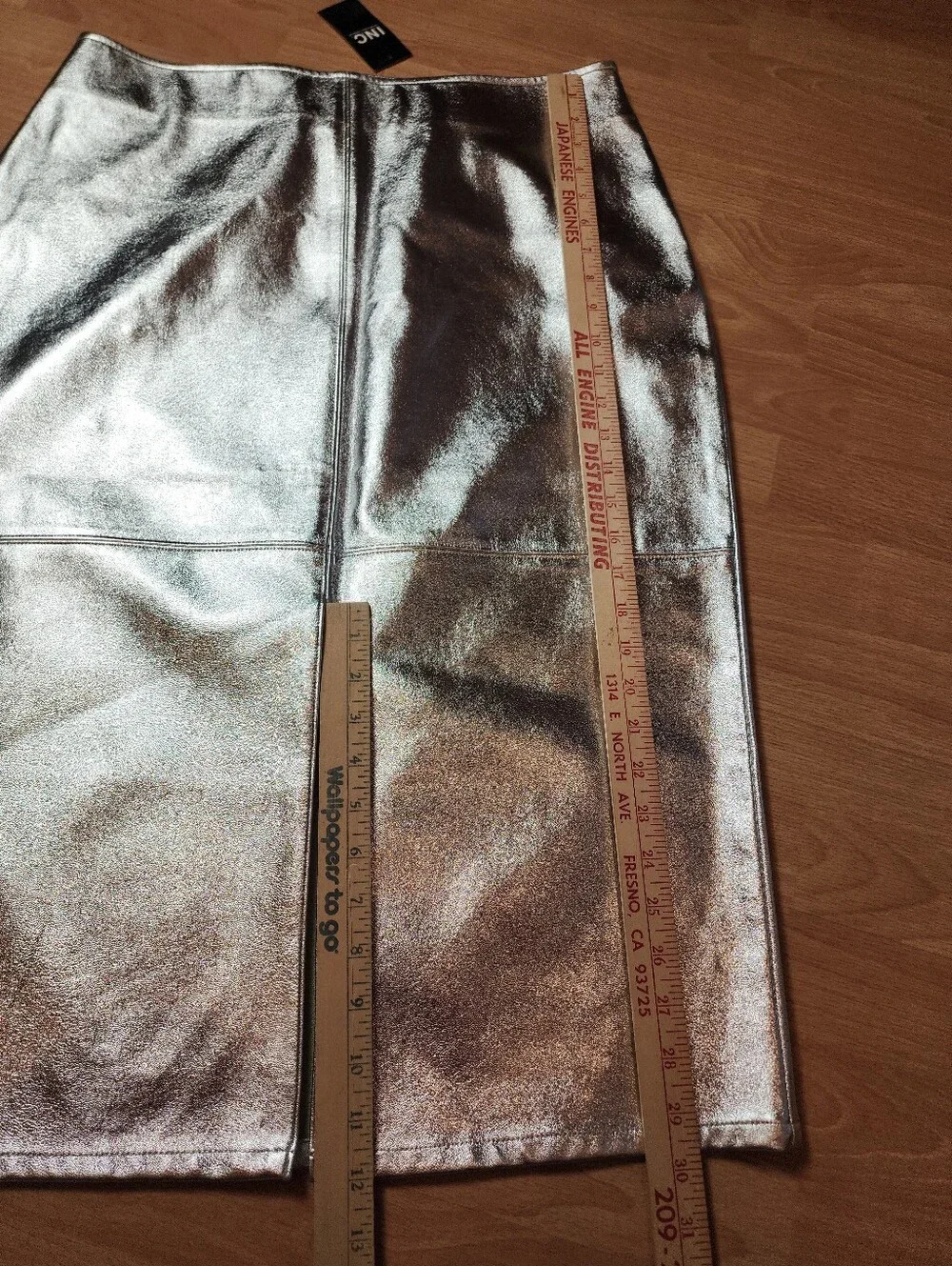 NWT Macy's INC Silver Metallic Faux Leather Front Slit Pencil Midi Skirt Size 12